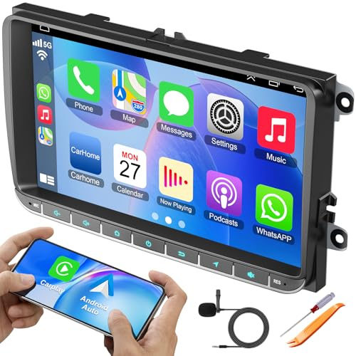 2+32 GB Autoradio für VW Passat Golf MK5 MK6, 9-Zoll-IPS-Touchscreen-Autoradio, unterstützt kabelloses Carplay und Android Auto, Bluetooth-Sprachsteuerung, GPS-Navigation