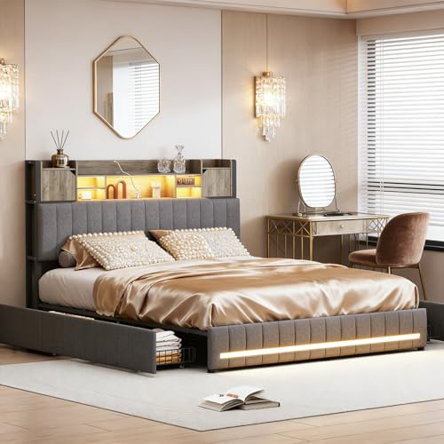 Cama de Matrimonio con Almacenamiento y led, cama Tapizada 140x190 luces led y Cargador Cama con usb y luz led Cama140x190 con 4 Cajones de Almacenamiento, Sin Colchón (E Gris oscuro, 140x190 cm)