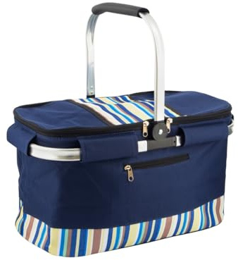 HOMESHOPA 35 Litre Insulated Picnic Basket With Lid, Blue Multi Stripe Foldable Thermal Cooler Bag Hard Liner, Upright Standing Box for Outdoor Camping, Travel, Portable & Collapsible Shopping Hamper