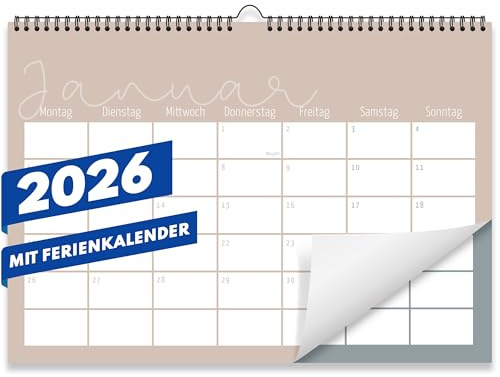 Kalender 2026 Wandkalender (Monatskalender im A4 Querformat) - Monatskalender 2026 für das ganze Jahr von Januar bis Dezember mit Ferienübersicht - Ideal als Paarkalender oder Familienplaner