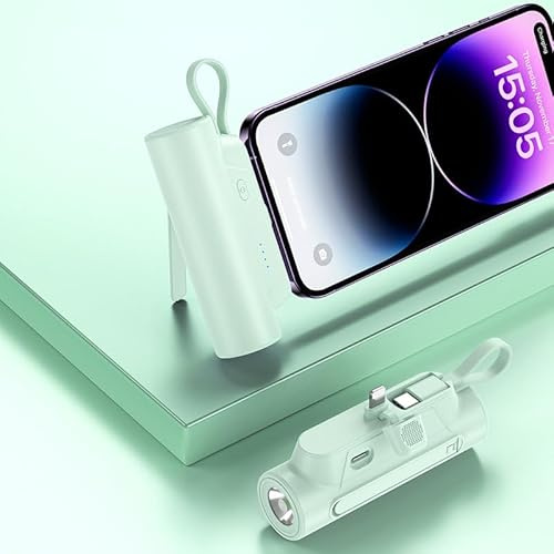 Multi-Function Portable Charger With Built in Cable, Sleek Mini Power Bank with LED flashlight, Lightning+ Type-c output, Quick Charge for iPhone Samsung Pixel iPad (Green, Milliamp Hours, 5000)