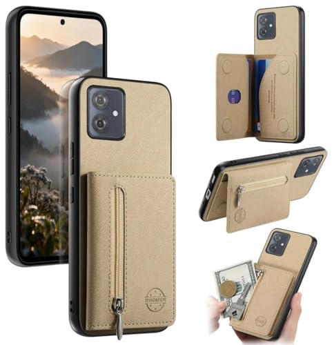 LIAOCY Cartera Funda para Motorola Moto G54, Carcasa de TPU Bloqueo RFID y Tarjetero con Cierre Magnético, Funda Anticaídas con Soporte, Khaki.