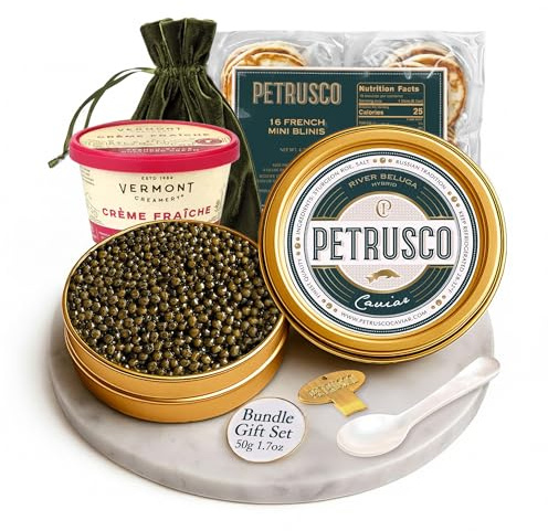 PETRUSCO Premium Beluga Hybrid 50g Caviar Gift Set - Sustainable Gourmet Delicacy with Blinis, Crème Fraîche, Pearl Spoon & Opener - Elegant Presentation