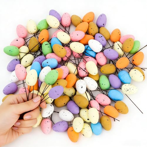 Fangoo 120 Pezzi Mini Uova di Pasqua in Schiuma con Gambi Uova Artificiali Multicolori in Schiuma Maculata per Feste Natalizie Nido di Uccello Decorazioni per Ghirlande Artigianato DIY