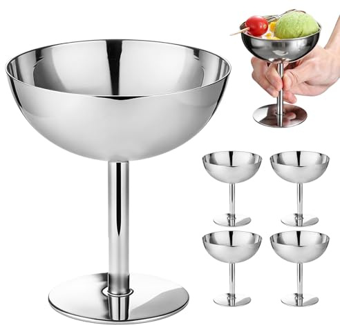 4 stycken glassbägare i rostfritt stål, 240 ml dessertskålar med fot, dessertglas Ø 10 cm isskålar, rostfritt stål dessertkoppar för frukt sallad, yoghurt och fruktpudding, perfekt för bröllop, fest