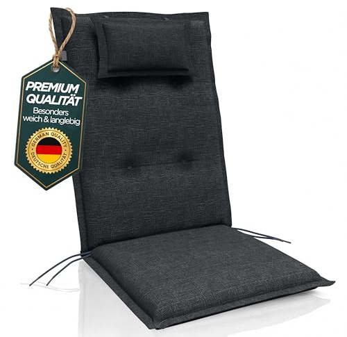RELEXO Premium Hochlehner Auflage 120x50x8 cm mit Kopfpolster Gartenstuhl Auflage für Hochlehner – Bequeme Schaumstofffüllung, UV-beständig, Strapazierfähig, Befestigungsbänder, Polster (2, Anthrazit)