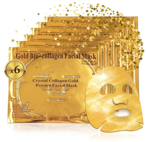 Crystal Collagen Gold Gel Gesichtsmaske 24k - Luxus Anti-Aging Gel Maske, Tuchmaske - Feuchtigkeitsspendend & verjüngend - reduziert Feine Linien, Augenringe & geschwollene Augen (Stück:6)