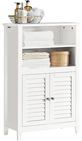 SoBuy Badschrank Badkommode mit Ablagen und Türen – Kommode mit Lamellentür fürs Bad, Sideboard Flurschrank Badmöbel – Schmal, Platzsparend, Flur und Wohnzimmer, Weiß, 60 x 90 x 26 cm, BZR13-W