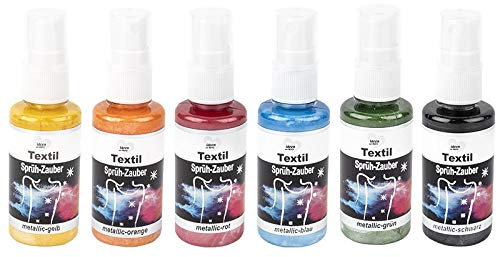 Ideen mit Herz Pintura textil en spray, metalizada, 6x 50 ml | altamente pigmentada | alto brillo para textiles claros y oscuros | a base de agua (Set 3 | amarillo, naranja, rojo, azul, verde, negro)