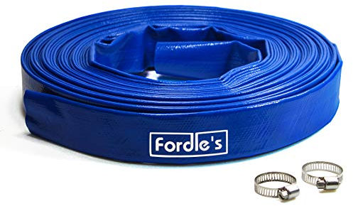 Fordle’s 20m x 25mm Diameter Layflat Discharge Hose Pipe Compatible with Submersible Water Pump – Blue PVC Reinforced with Polyester– Includes 2 Clips