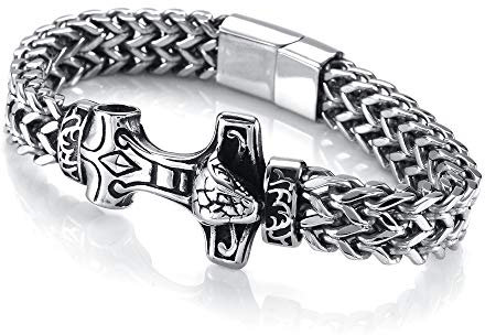 PiercingJak Wikinger Armband Herren Armkette mit Thors Hammer Mjölnir Anhänger 12mm Breit Edelstahl Cuban Link Armreif Magnet Kettenarmband Vintage Nordisch Keltischer Biker Schmuck für Männer, 22cm
