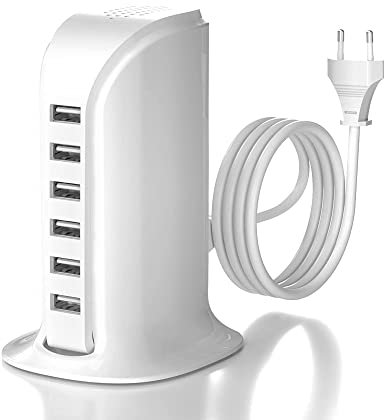 WUKUR Caricatore USB Multiplo,Stazione di Ricarica USB 6 Porte 50W da Tavolo per iPhone 14/14 Plus/14 Pro/14 Pro Max/13/12/11/8/XS/XR/X, iPad,Samsung Galaxy,Huawei(Bianco)