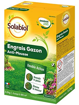 SOLABIOL Engrais Gazon - Sac 3,2 Kg - Jusqu'à 80m² - Double Action Reverdit Le Gazon & Élimine La Mousse - Formulation En Granulés Limite La Poussière & Facilite L'Application SOGAZMOU80N
