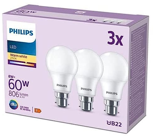Ampoule LED - PHILIPS - 60 W - B22 - Blanc chaud - Dépolie - Non-Dimmable - 3 pieces
