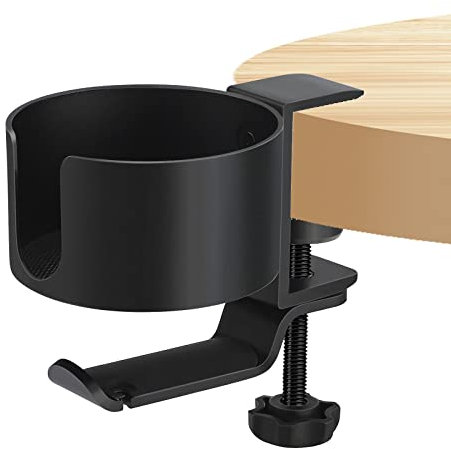 MINGZHE Schreibtisch-Becherhalter, 360° drehbar, Kopfhörerhalter, Aluminium, Headset-Ständer, Kopfhörer-Haken, 2-in-1-Getränkehalter, einfache Installation (schwarz)