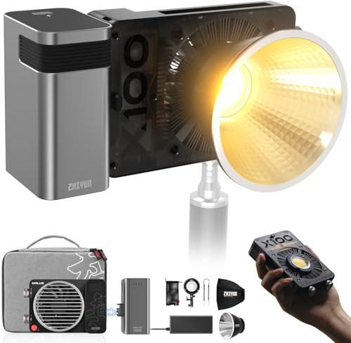 ZHIYUN MOLUS X100 Pro [Oficial] Luz de vídeo 100 W con batería de 2600 mAh, COB LED de iluminación de vídeo 17317 Lux/ 2700~6500 K/CRI≥95 / TLCI≥97, con App Control/Bowens Mount/Softbox/Bi-Color