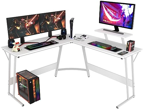 PayLessHere L-Shaped Corner Computer Gaming Desk,White | Large Desktop Metal Frame Space-saving L-shaped corner design