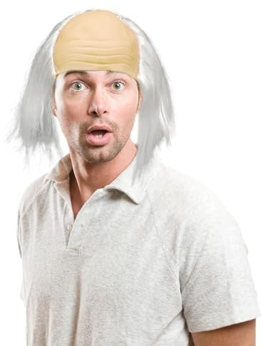 XNIVUIS Parrucca Bianca da Calvo da Uomo da Nonno da Semi Calvo da Scienziato da Professore Pazzo da Travestimento (Bianco)