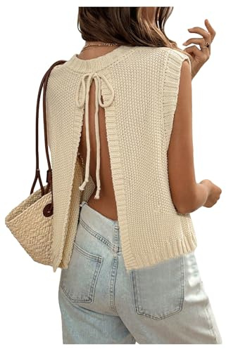 GORGLITTER Women's Cropped Sweater Tank Tops Crochet Sleeveless Knit Vest Tops Backless Bow Tie Back Pullover Summer Outfits Apricot Small