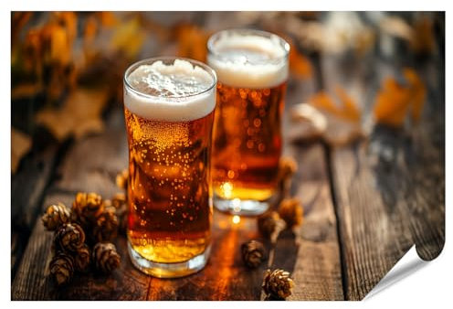 islandburner Prime XXL Bild Poster Zwei Biergläser auf Holztisch mit Schaum fallenden Blättern Tannenzapfen Oktoberfest Premium Bilder Fotodruck
