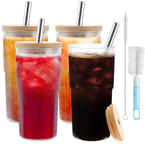 LDXDRU 4 Stück 700ml Glasbecher mit Deckel und Strohhalm, Eiskaffee Gläser groß, Transparente Gestreifte Glas, Trinkbecher Glasbecher Trinkglas luftdichtes und wasserdichtes Design