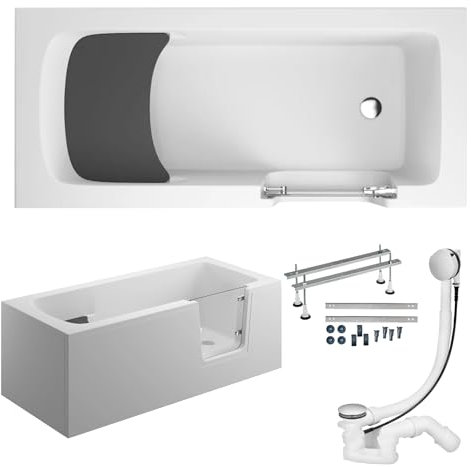 KOLMAN KOMPLETTSET 6in1 Acryl Weiß Wanne Badewanne Rechteck + AcrylSchürze, 180x80 cm, Seniorenbadewanne mit Glastür und Holzsitz AVO Rechts, Made in EU, Premium Ablaufgarnitur in Chrom & Wannenfüße