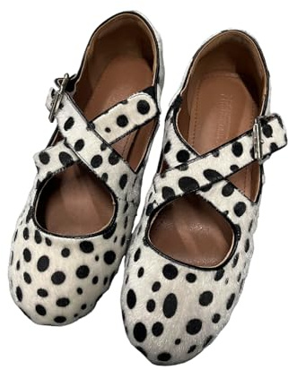 CRETUAO Mujeres Leopard Ballet Flats,Moda Round Toe Cruz Correa con Tobillo Hebilla Leopard Mary Jane Zapatos,Cómodo Vestido Diario Ballerina Flats,Blanca,35.5 EU