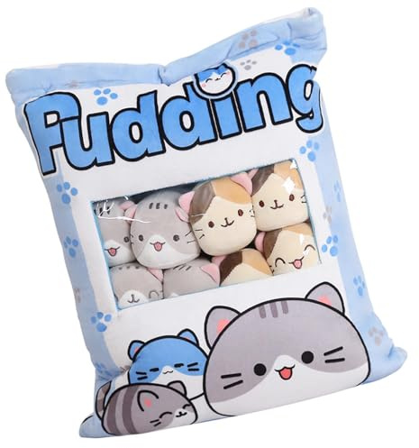 ETUCYNG katt plysch mellanmål kudde, mellanmål kudde mjuk leksak leksak, söt mellanmålskudde, plysch prydnadskudde pudding kattkudde, mellanmål kudde med plyschkatt, 40 x 36 cm, 8 söta katter