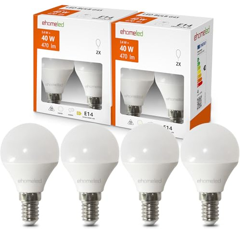ehomeled Ampoules LED E14 3.4W Équivalent 40W, 470LM Blanc Chaud 3000K, Économie D'énergie Ampoule Ronde P45 Petit Culot à Vis, Chaleur Faible & Durable - Non Dimmable, Lot de 4
