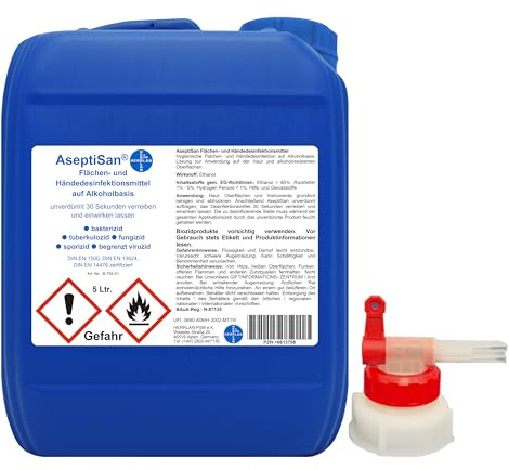 Desinfektionsmittel AseptiSan - 5 Ltr. Kanister inkl. 1 x AGH | Flächen- und Händedesinfektionsmittel Pharmazentralnummer-16613756 HERRLAN Qualität Made in Germany