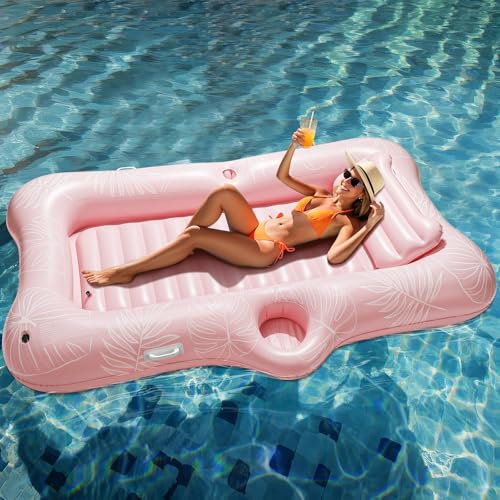 HeySplash Galleggiante Gonfiabile per Piscina, Lettino Gonfiabile Abbronzante per Adulti, Materassini Gonfiabili con Portabicchieri e Cuscino Staccabile, Amaca Galleggiante Spiaggia, Foglia Rosa