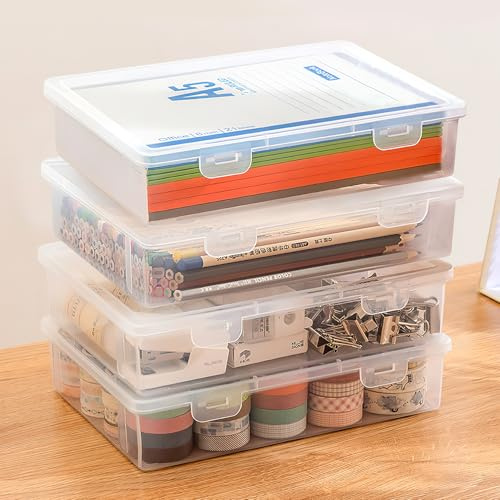 Nuyoah Aufbewahrungsbox mit Deckel A5 Kunststoffbox Klein 4Stk Plastikbox mit Deckel Stiftebox Tragbare Archivbox mit Snap-Dicht Stapelbare für Papier Schreibwaren Kosmetika Werkzeugteile