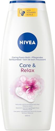 NIVEA Care & Relax Pflegendes Schaumbad, pflegender Badezusatz mit entspannendem Hibiskusduft, hautschützendes Entspannungsbad für ein weiches & gepflegtes Hautgefühl (650 ml)
