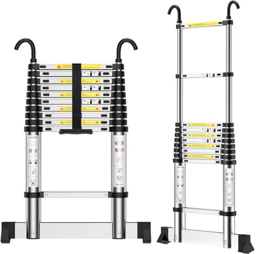 EOXCIIU Telescopic Ladder 3.2m, Aluminium Extendable Ladder with Hooks and stabiliser, Height Adjustment, Convenience for Home, Attic Access, etc.
