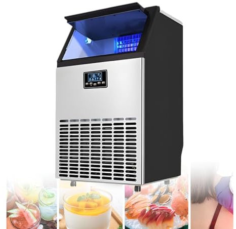 Machine À Glaçons Commerciale De 70 Kg, Machine À Glaçons Autonome En Acier Inoxydable, 44 Glaçons En Un Seul Coup, Taille De Glace Réglable, Stérilisation À La Lumière Bleue, Bac À Glaçons De 15 Kg,