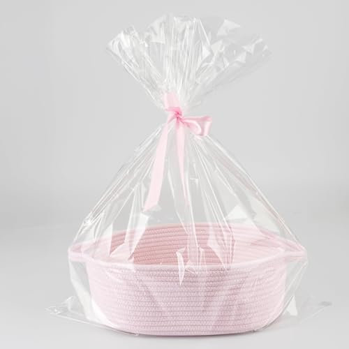 Präsentkorb leer rosa, Geschenkkorb klein aus Baumwollseil, geflochtener Korb für Geschenke Baby, Osternest Korb Aufbewahrungskorb, Spielzeugkorb, Wird mit Geschenktüte und rosa Schleife geliefert