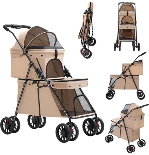 Homewell Doppelschichtiger Kinderwagen für Hunde, faltbar, Kinderwagen für 2 Tiere, Trolley für Hunde/Katzen, Fenster aus Netz, ideal für Reisen und Spaziergänge, 67 x 50 x 95 cm (Kaffeebraun)