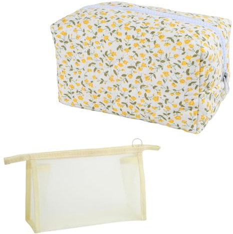 2 Pièces Trousse de Maquillage Matelassée en Coton Doux Motif Floral Jaune, Trousse en Maille Beige, Trousse de Toilette pour Femme Fille, Pochette Cosmétique Portable pour Voyage et Rangement