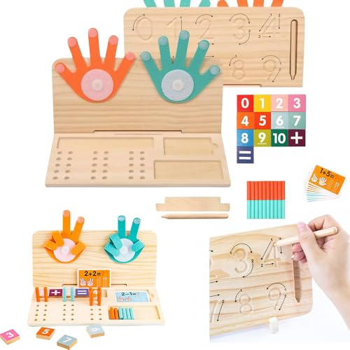 Nzkeuf Montessori Math Toy for 3 4 5 Kids, Wood Educational Toys with Number Block & Counting Sticks, 2 in 1 Tracing Board & Finger Counting for Toddler, Math Game Set for Early Literacy and Numeracy