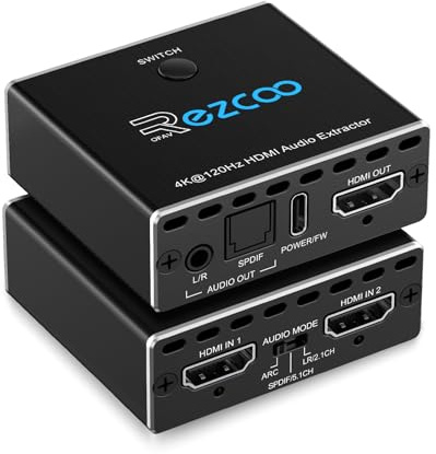 HDMI 2.1 Audio Extractor 4K 120Hz VRR ALLM HDCP2.3 HDR10 ARC Switch 2 in 1 Out Audio Converter- SPDIF 5.1CH Optical Toslink,Stereo Audio Breakout, Repeater Digital for PS 5, Xbox X NVIDIA AMD