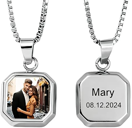 Personalizzato Collana a ciondolo termocromatico geometrico con foto testo Stampa doppia faccia，Regali per Coppie Acciaio Inossidabile Amanti Gioielli Donna Uomo，Regali per il Compleanno (Silver)