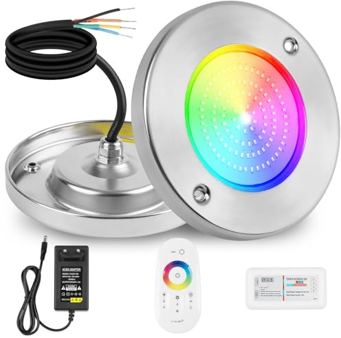 COOLWEST Projecteur Piscine LED Remplie de Résine, 18W Lampe Piscine RGB Multicolore Synchroniseur Externe avec Télécommande, Boîtier en Acier Inoxydable, IP68 étanche, 24V DC, Montage en Surface