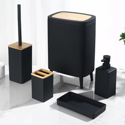 Badezimmer Set Schwarz mit Bambus-Akzenten, Badset Badezimmer Zubehör Set | AJEUNGAIN Badezimmer Set 5-teiliges - Mülleimer mit Füßen, Seifenspender, Zahnbürstenhalter, WC-Bürste und Halter, Tablett