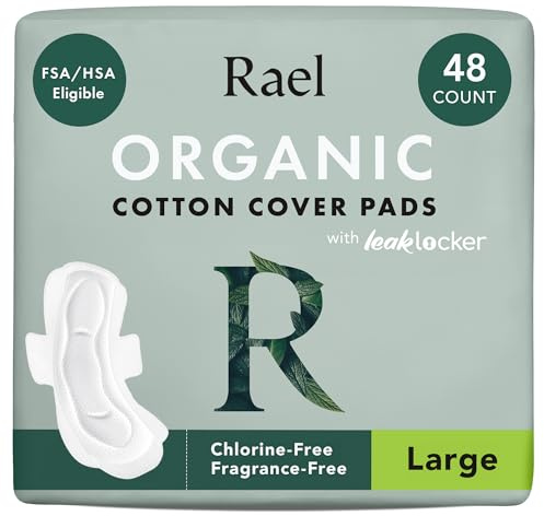 Rael Pads for Women, Organic Cotton Cover - Period Pads with Wings, Feminine Care, Sanitary Napkins, Heavy Absorbency, Unscented (Large, 48 Count)