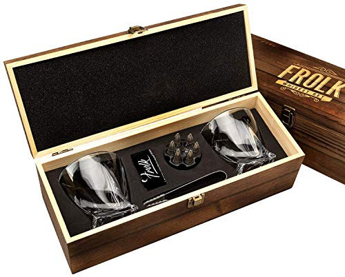 Frolk Whiskey Chillers Premium Geschenkset, Set mit 6 extra großen Edelstahl-Whiskey-Steinen, 2 großen gedrehten Whiskygläsern (325 ml), Gefrierschrank, Samtbeutel und Zange in Holzbox