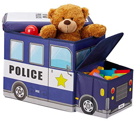 Relaxdays Sitzbox Kinder, Staubox mit Deckel, Spielzeug, faltbar, Polizei, Stauraum, Jungen & Mädchen, 50 l, dunkelblau, Gelb