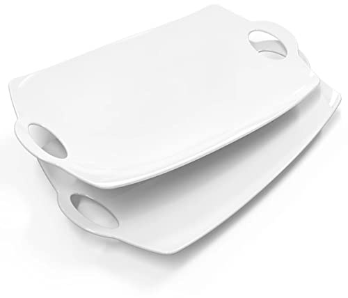 LAUCHUH Serving Platter for Party, 16 inches Large Serving Tray with Handles Porcelain Serving Platters for Meat Serving Dish for Entertaining White Serving Plates for BBQ, Plates Set of 2