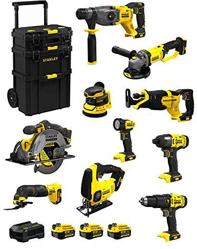 STANLEY FatMax Kit SVK1001 (SFMCH900 + SFMCG400 + SFMCD711 + SFMCF800 + SFMCS500 + SFMCS600 + SFMCW220 + SFMCS300 + SFMCE500 + SFMCL020 + 3 Baterías de 4,0 Ah + Cargador + Carro 3en1)