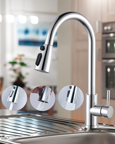 ARCORA Rubinetto da Cucina Estraibile ad Alta Pressione, Rubinetto Girevole a 360° con Doccetta Estraibile, Cartuccia Ceramica, Acciaio Inox, 3 Modalità di Getto, per Lavello da Cucina, Cromato