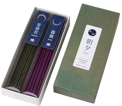 Asayu Japan Räucherstäbchen Blumig mit wenig Rauch, Hergestellt in Japan, 40g hochwertiges Doppelpack zur Entspannung - Blumiges Räucherwerk Set (Jasmin und Rose)